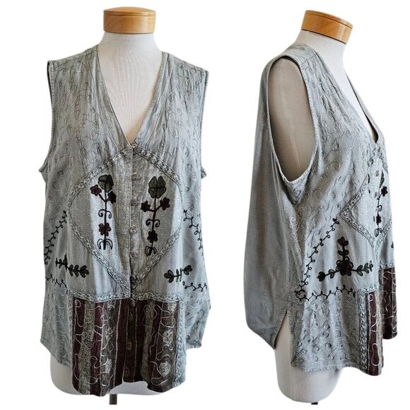 Vintage Select Embroidered Button Front Vest Boho Grunge Rayon Shirt Top 2X - Picture 1 of 12